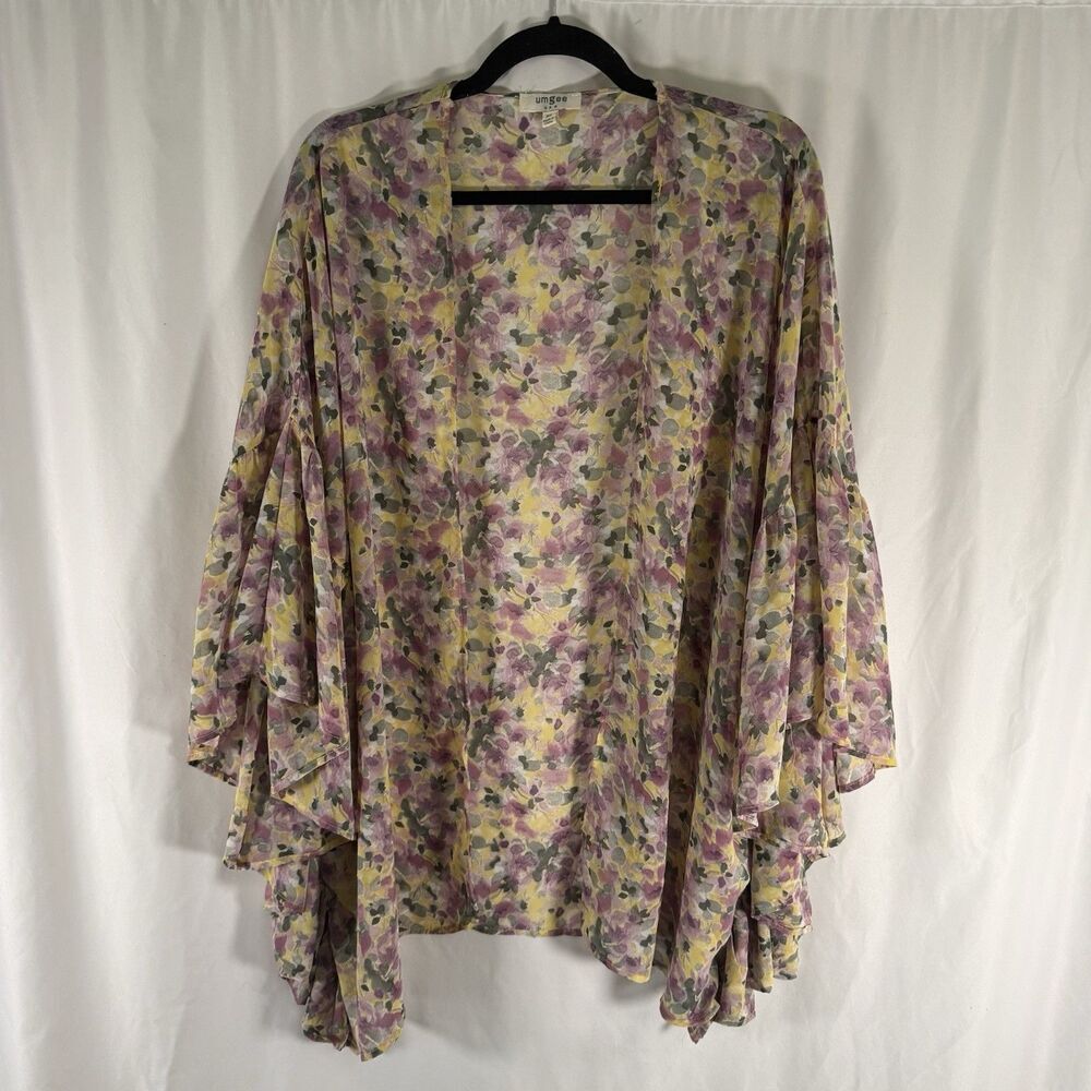 UMGEE Cardigan Women's M Large Yellow Purple Floral Sheer Open Front